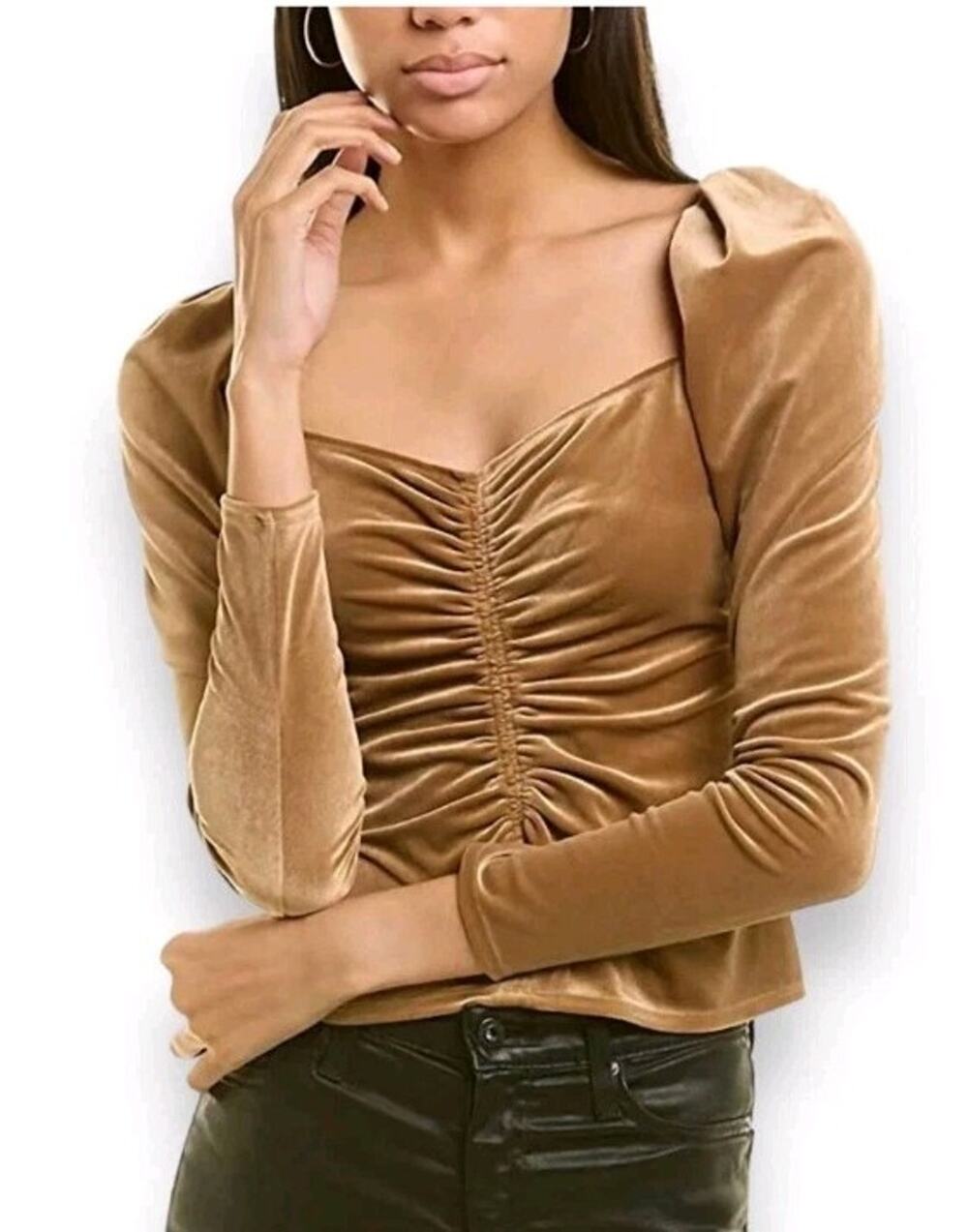 ALC Chamberlain Velour Ruched Top Toffee Brown Size 4 Sweetheart Neck Long Sleev